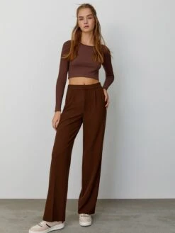 PULL & BEAR Bandplooibroeken Wide Leg Bandplooibroek Dames Donkerbruin -Schmuddelwedda Winkel 171cff92c33e9eebb5051969dc020642